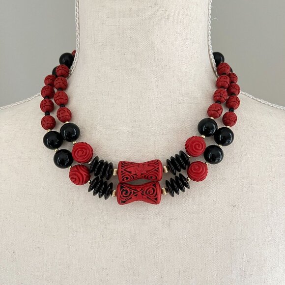 Vintage Chinese Black Red Cinnabar Bead Double Strand Necklace Sterling Clasp - Picture 3 of 8